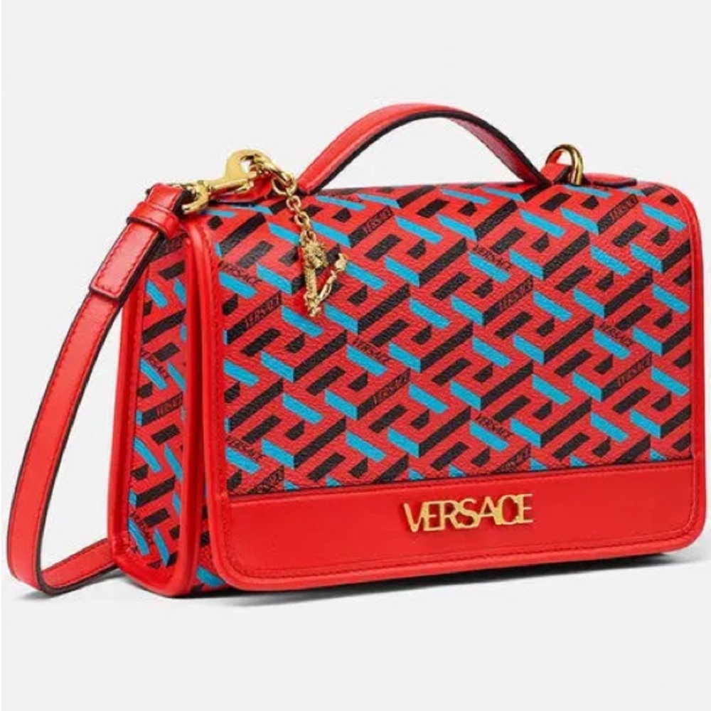 Versace Red and Blue La Greca Geometric Shoulder Bag